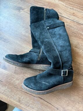 UGG Black Suede Knee-High Buckle Boots